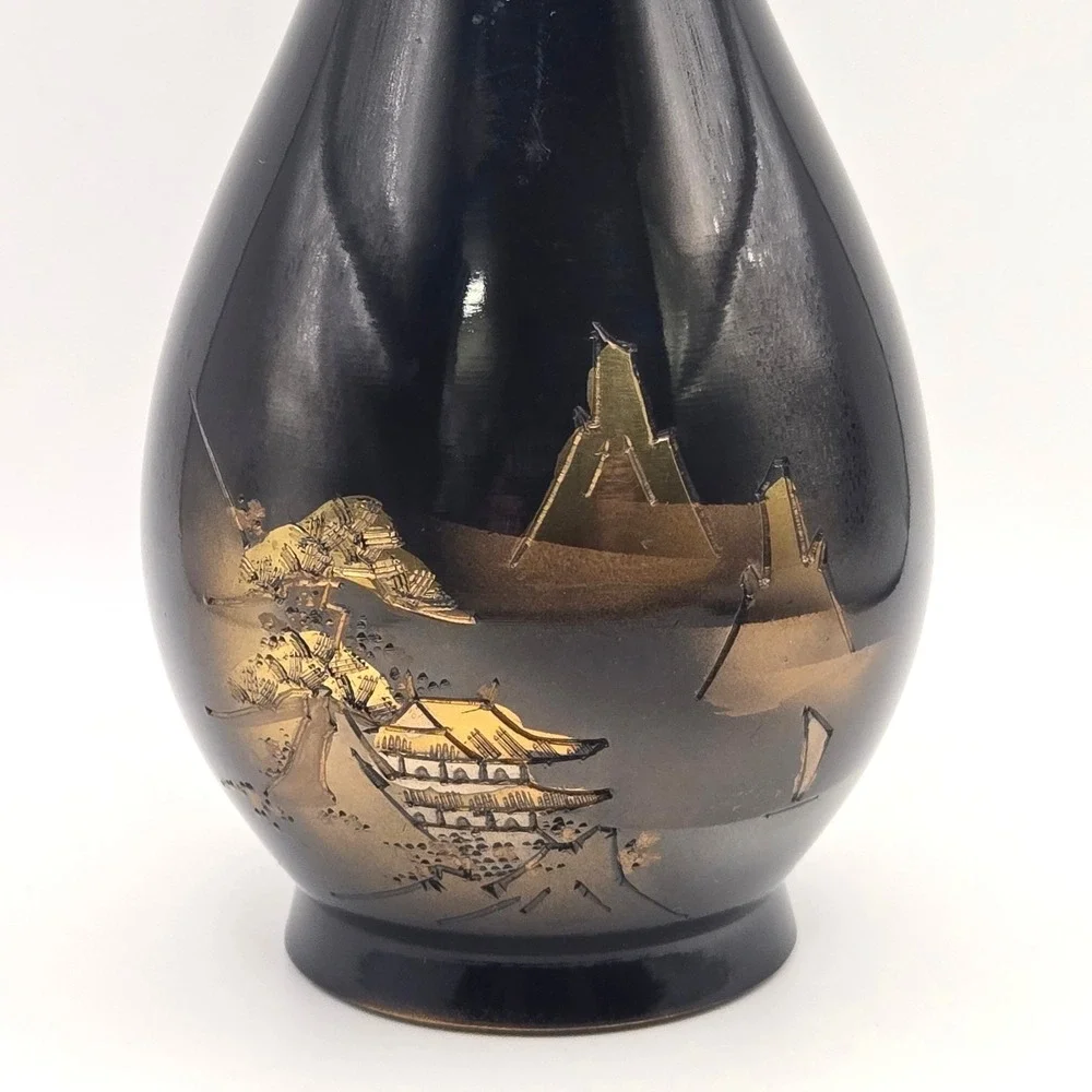 Vintage Japanese Black Enamel Brass Bud Vase Etched Pagoda Landscape Scene Japan